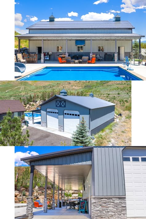 Pool And Garage Ideas, Shop With Pool House, Pool Shop Ideas, Backyard With Shop And Pool, Pool House Barndominium, Metal Shop Building With Outdoor Kitchen, Pool House Metal Building, Pool House Shop Combo, Pool House Attached To Garage