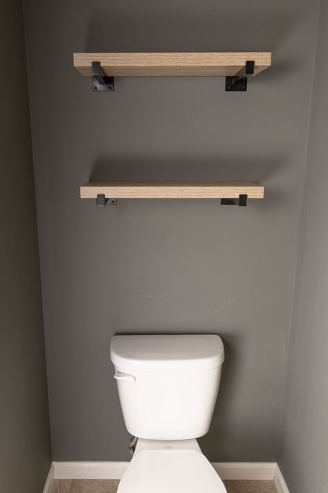 White Shelves With Black Brackets, Storage Above Toilet Ideas, Styling Floating Shelves, Shelves Behind Toilet, Bathroom Organizer Ideas, Shelf Above Toilet, Two Floating Shelves, Over The Toilet Organizer, Toilet Size