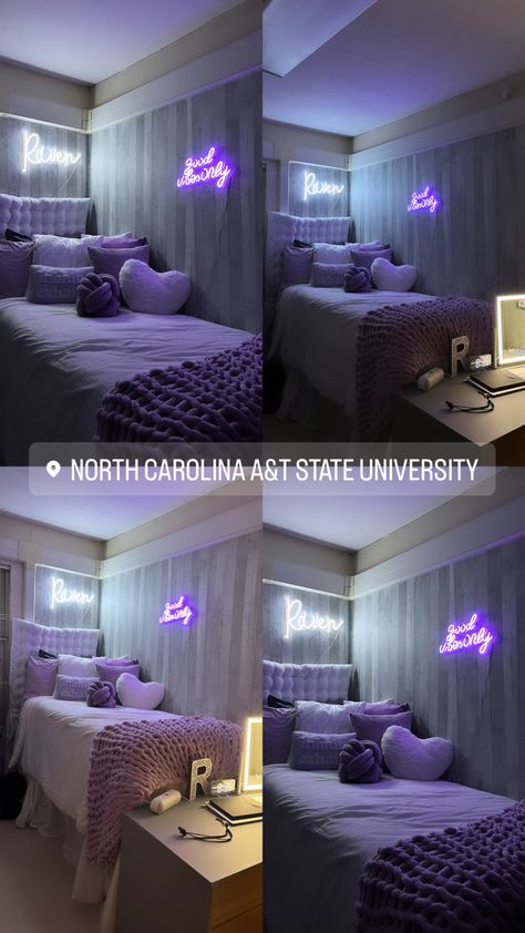 Purple Room Theme Ideas, Grey And Purple Dorm Room, College Apartment Bedroom Decorating Small Rooms Organization Ideas, Grey Dorm Aesthetic, Lavender And Grey Dorm Room, Black And Purple Dorm Room Ideas, Pretty Dorm Room Aesthetic, Silver Dorm Room Ideas, Luxury Dorm Room Aesthetic