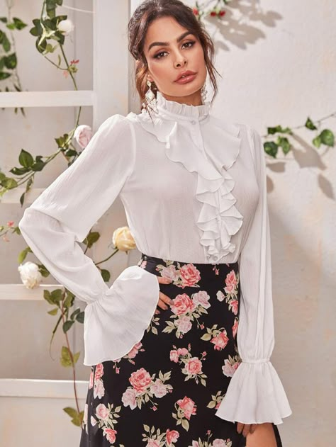 Ruffle Trim Frill Neck Flounce Sleeve Blouse | SHEIN USA Long Blouse Outfit, Ruffle Blouse Outfit, Shein Lookbook, Red Shirt Outfits, Cowgirl Outfit Ideas, White Ruffle Shirt, Veil Updo, Fashion Outfits For Men, Ruffle Outfit