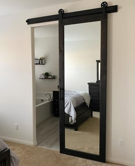 Barn Doors & More, Inc.’s Instagram profile post: “• Knotty Alder Mirror Barn Door • Basic Hardware • Hanson Handle for a master bedroom/bathroom • Installed by customer 🛠 #madeinusa…” Regency Revival, Bedroom Barn Door, Mirror Barn Door, Bathroom Barn Door, Mirror Closet Doors, Bedroom Redesign, Knotty Alder, Frameless Mirror, How To Hang