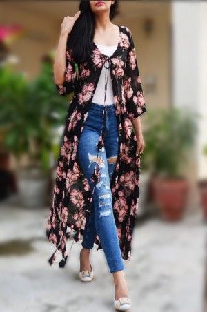 Dress Floral Prints, Black Dress Floral, Style Black Dress, Long Shrug, Shrug For Dresses, Salwar Kamiz, Designer Dresses Indian, Kurta Designs, Indo Western