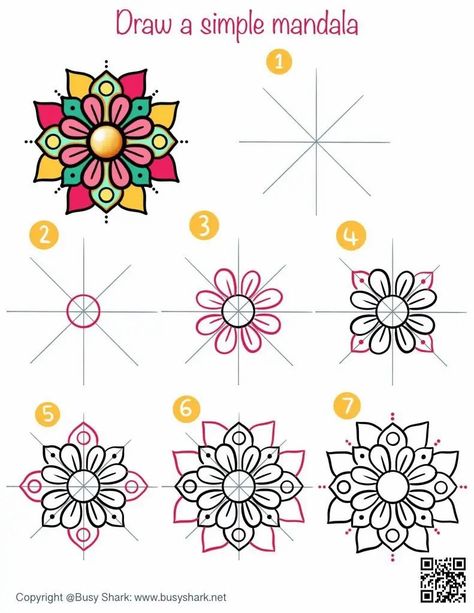 Simple Mandalas To Draw, Simple Pattern Design To Draw, How To Draw Mandalas Step By Step, Easy Simple Mandala Drawing, How To Draw A Mandala Step By Step Easy, Simple Mandala Patterns For Beginners, How To Start Mandala Drawing, Diy Mandala Drawing, Easiest Mandala Art For Beginners