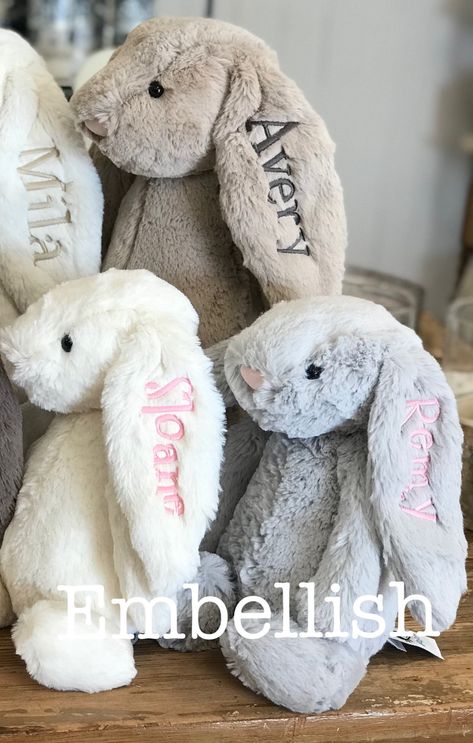 Bunny Jellycat, Bunny Monogram, Gifts For Easter, Jellycat Bunny, Embroidered Bunny, New Baby Names, Flower Girl Proposal, Personalized Stuffed Animals, Easter Flower