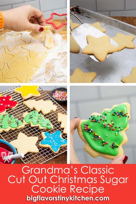 These roll-out cookies are a family tradition that I learned from my grandma. I love how soft they are, and how well they hold their shape after baking. A Christmas tradition that we make all year round. | Grandma's Classic Cut Out Christmas Sugar Cookie Recipe | bigflavorstinykitchen.com Roll Out Sugar Cookie Recipe Cut Out, Old Fashion Sugar Cookie Recipe, Cut Out Sugar Cookies With Sour Cream, Christmas Sugar Cookie Dough, Thick Sugar Cookie Recipe Cut Outs, Old Fashion Sugar Cookies Grandmothers, Old Fashioned Sugar Cookie Recipe, Grandma’s Sour Cream Sugar Cookies, Cut Out Sugar Cookie Recipe