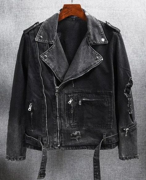 Men Vintage Harajuku Belt Denim Motorcycle Zipper Jacket Denim Motorcycle Jacket, American Street Fashion, Black Leather Jeans, Cafe Racer Leather Jacket, Biker Denim, Streetwear Denim, Men's Streetwear, Jean Jacket Men, Printed Denim Jacket