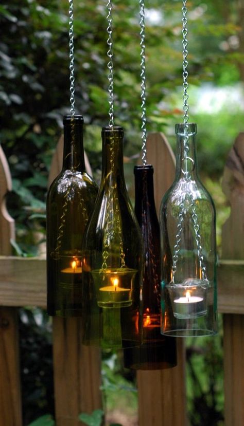 Cool Wine Bottles Craft Ideas (2) Wine Bottle Lanterns, Wine Bottle Project, Old Wine Bottles, Outdoor Lighting Design, Diy Outdoor Lighting, House Lamp, Diy Lampe, Wine Bottle Art, Wine Bottle Diy