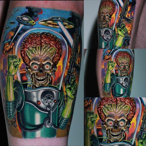 Mars Attacks Tattoo, Loop Tattoo, Space Sleeve, Mars Attack, Chicago Tattoo, Inner Bicep Tattoo, Horror Tattoos, Prison Tattoos, Mars Attacks