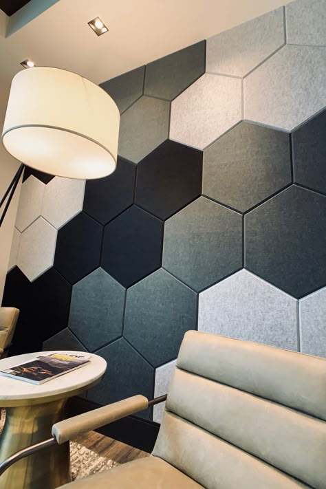 A close-up of the acoustic panels in our lobby.  These can be installed in a trade show exhibit to manage acoustics in booth interiors - especially meeting rooms. Sound Panels Design, Gym House, Soundproof Panels, Sound Panel, Office Design Inspiration, Accent Wall Designs, Podcast Studio, Studio Music, Acoustic Panel