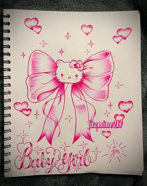 Pink Things To Draw, Couple Cartoon Drawings, Easy Graffiti Drawings, Images Hello Kitty, Cholo Art, Chicano Drawings, Hello Kitty Crafts, Easy Love Drawings, Kitty Drawing