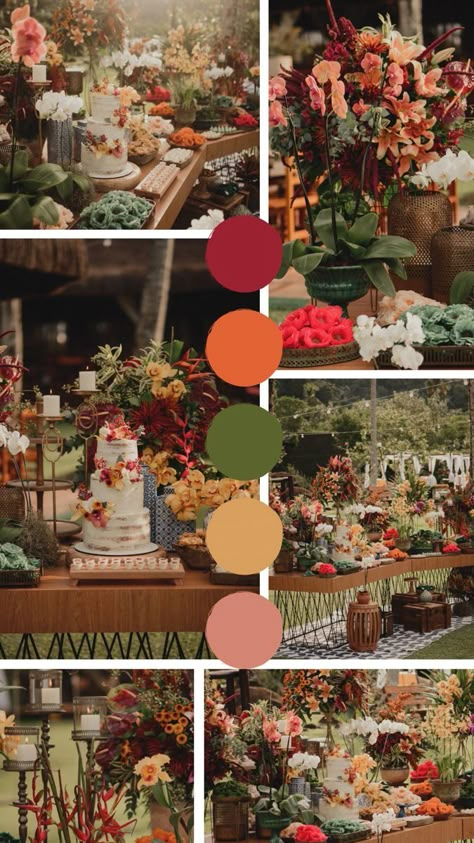 Modern Mexican Wedding Colors, Mexican Wedding Colors Palette, Costa Rica Wedding Colors, Tropical Wedding Theme Color Palettes, Terracota Mexican Wedding, Boho Mexican Wedding Decor, Tropical Vintage Wedding, Hacienda Wedding Color Palette, Modern Mexico Wedding