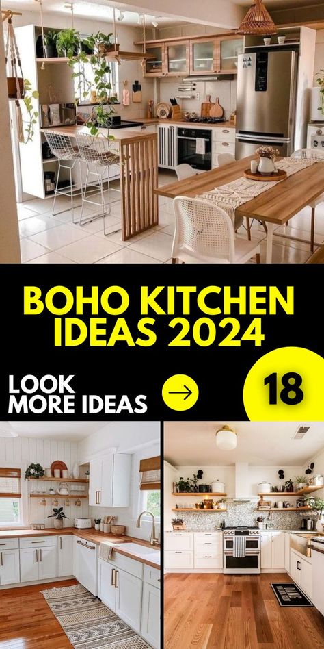 Don't let space constrain your creativity. With boho kitchen ideas 2024 specially tailored for compact spaces, you can use rich Bohemian style colour themes and intricate patterns to maximize the aesthetic appeal of even the smallest kitchens. Boho Kitchen Furniture, Boho Kitchen Remodel Ideas, Modern Boho Kitchen Cabinets, Boho Kitchen Wall Art, Boho Shelving Ideas, Boho Style Kitchen Ideas, Botanical Maximalism, Boho Kitchen Cabinet, Boho Kitchen Cabinets