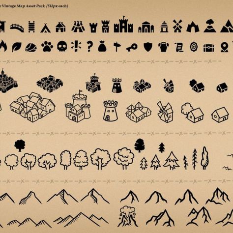 Fantasy Vintage Map Assets & Icons Fantasy Map Drawing Ideas, Map Assets, Fantasy Vintage, Map Sketch, Drafting Drawing, Fantasy City Map, Fantasy Map Making, Map Symbols, Dnd World Map