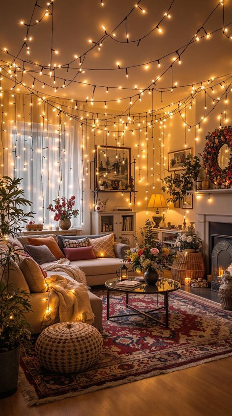 Cozy Lighting Living Room Bedroom Lighting Ideas Hanging Cozy, Cozy Living Rooms String Lights, Fairy Light Hallway, Home Decor Ideas Led Lights, Bedroom Fairy Lights Ceiling, Fairy Lighting Ideas, String Lights Basement, Hanging Decorations From Ceiling Living Room, Fairy Lights Decoration Ideas