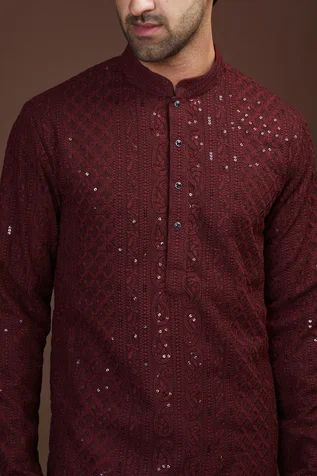 Shop for Kasbah Wine Georgette Paisley Pattern Chikankari Kurta for Men Online at Aza Fashions Mehroon Kurta For Men, Wedding Kurtas Mens, Maroon Kurta For Men, Maroon Kurta Men, Red Kurta For Men, Trending Kurta For Men, Chikankari Kurta For Men, Traditional Indian Mens Clothing, Dark Red Wedding