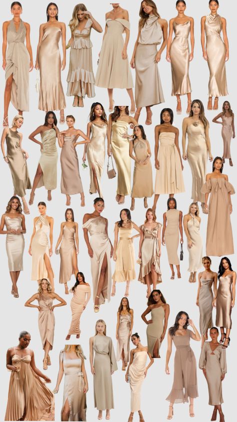 Champagne Gold Formal Dress, Mixed Beige Bridesmaid Dresses, Beige Dresses Bridesmaid, Neutral Wedding Guest Palette, Dark Champagne Dress, Bridesmaids In Neutrals, Wedding Bridesmaid Dresses Beige, Champaign Bridesmaids Dress, Strapless Champagne Bridesmaid Dress