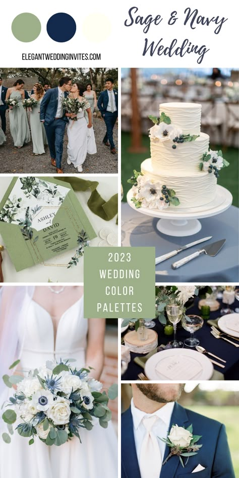 Wedding Eucalyptus Color Scheme, Navy Sage White Gold Wedding, Navy Blue Wedding Colour Schemes, September Wedding Sage Green, Wedding Color Schemes Eucalyptus, Sage And Dark Blue Wedding, Navy And Green Wedding Invitations, Navy And Seafoam Wedding, Navy Blue Sage Green Copper Wedding