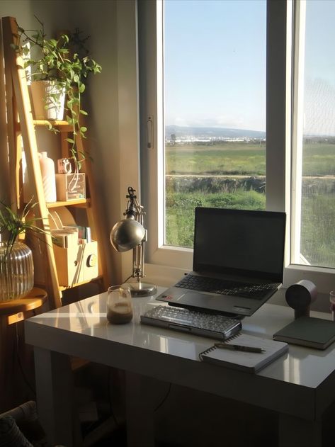 Laptop and keyboard on a desk in a serene nature landscape, creating a minimalist work/study setup Study Setup, Study Era, Minimal Workspace, Up Aesthetic, Positive Environment, Peaceful Nature, Minimalist Desk, Desk Setups, Vision Board Manifestation