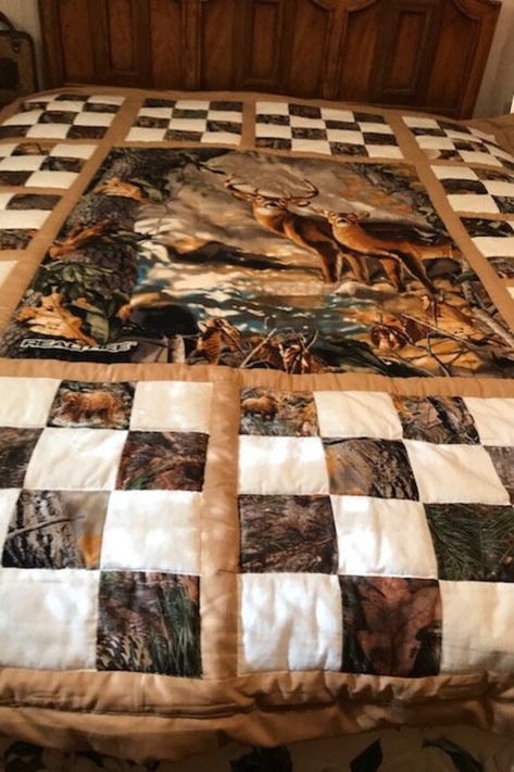 Hand made quilt with deer scene. Deer Panel Quilt Ideas, Plaid Quilt Pattern, Jean Quilts, Camo Quilt, Deer Quilt, Wildlife Quilts, Deer Scene, Blue Jean Quilts, Deer Blanket