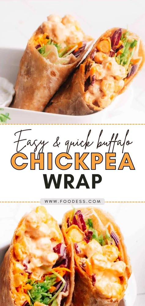 Buffalo Chickpea Wrap, Creamy Buffalo Sauce, Chickpea Wrap, Vegan Buffalo Sauce, Spicy Chickpeas, Creamy Dipping Sauce, Vegetarian Wraps, Wraps Recipes Easy, Buffalo Chickpea