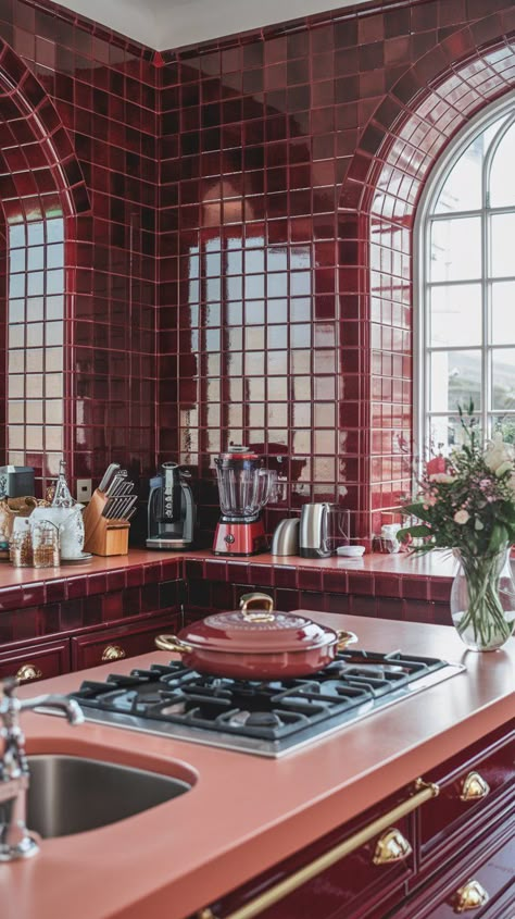 This stunning bloody red kitchen is anything but ordinary! The rich tiles and stylish utensils create a dramatic atmosphere that inspires culinary masterpieces. Get ready to turn up the heat in this vibrant space! 🌶️❤️ Burgundy Kitchen Tiles, Dark Red Kitchen Walls, Burgundy Backsplash Kitchen, Burgundy Tiles Kitchen, Red Kitchen Aesthetic, Deep Red Kitchen, Red Tile Kitchen, Dark Red Kitchen, Red Kitchen Tiles