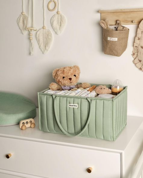 Baby Caddy with Handles and Removable Dividers - This nursery storage basket is equipped with sturdy and comfortable handles, allowing you to carry it effortlessly from room to room and onto car travel trips. The removable dividers provide flexibility in organizing the caddy according to your specific needs and keep it neat and organized. Baby Caddy Organizer, Diaper Station, Nursery Storage Baskets, Diaper Organizer, Newborn Room, Bedroom Boy, Diaper Organization, Baby Shower Baskets, Baby Registry Must Haves