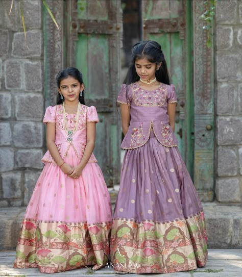 Peplum Top For Kids, Lehanga Blouses, Traditional Frocks, Langa Designs, Traditional Dresses For Kids, Indian Dresses For Kids, Pattu Pavada, Langa Blouse