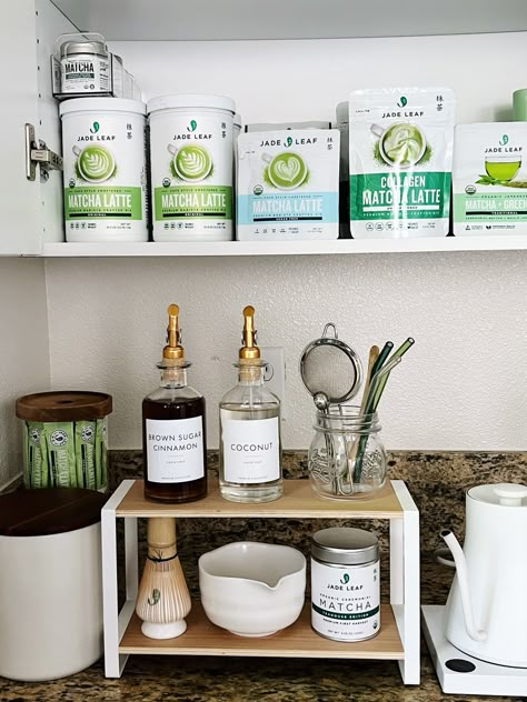 DIY: Dream Matcha Station | Jade Leaf Matcha Matcha Station At Home, Matcha Corner, Matcha Station, Snack Center, Matcha Bar, Coffee Tea Station, Matcha Bars, Jade Leaf Matcha, Small Glass Containers