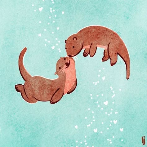 Otter Sketch Easy, Couple Animals Drawing, Cute Otter Illustration, Cartoon Otter Drawing, Otter Painting Easy, Animals In Love Drawing, Animal Couple Drawing, Otter Drawing Simple, Cute Love Illustration