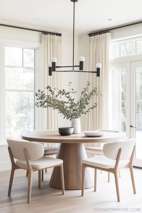 Neutral modern dining room decor with round wood dining table and dining chairs Scandinavian Interior Dining Room, Dining Room Design Round Table, Modern Round Dining Room Table, Neutral Dining Room Decor, Round Dining Table Decor, Modern Round Dining Table, Round Dining Tables, Neutral Dining Room, Dining Table Design Modern