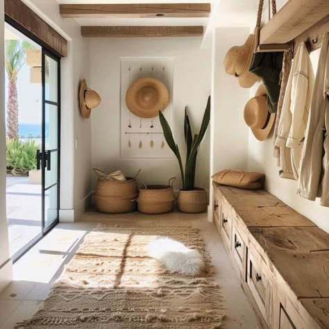 Mallorca House Interior, Tropical Mudroom, Beach Boho Interior Design, Spanish Beach House Interior, Beach Home Interior Design, Beach Boho House, New Mexico Design, Western Beach House, Wood House Interior Design