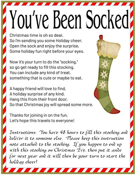 Christmas Ding Dong Ditch Ideas, You've Been Socked Free Printable, Ding Dong Ditch Ideas Christmas, Christmas Community Event Ideas, Community Christmas Event Ideas, You've Been Socked Christmas, Socked Christmas, You've Been Socked, Youve Been Socked