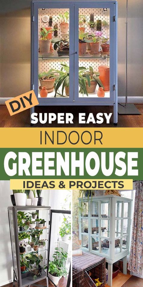 (Super Easy) DIY Indoor Greenhouse Ideas • The Garden Glove Indoor Greenhouse Ideas, Basement Greenhouse, Diy Indoor Greenhouse, Ikea Indoor Garden, Mini Greenhouse Indoor, Diy Greenhouse Shelves, Diy Small Greenhouse, Ikea Greenhouse Cabinet, Diy Mini Greenhouse