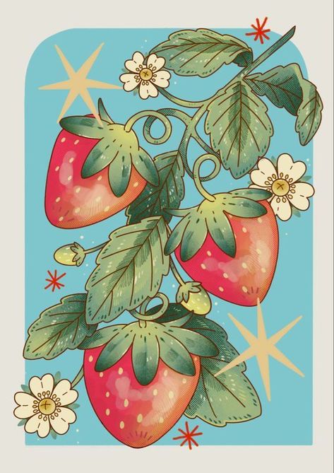 Mushroom And Strawberry Art, Aesthetic Food To Draw, Strawberry Reference Drawing, Fruit Drawings Aesthetic, Fruits Aesthetic Drawing, Stroberry Drawing, Strawberry Bush Painting, Strawberry Fields Drawing, Drawings Of Strawberries