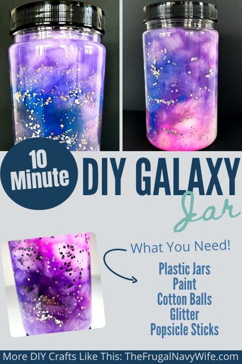 Create your own stunning DIY galaxy jar and bring the mesmerizing beauty of the universe to your home with this simple and fun craft. #diy #galaxyjar #craft #frugalnavywife #kids #arts #kidsactivity | DIY | Arts and Crafts | Kids | Galaxy Jar | Sensory | Kids Activity | Galaxy Jars Diy For Kids Easy, Galaxy In A Jar Diy, Galaxy Bottle Diy, Galaxy Glitter Jar, Sensory Jars Diy, Galaxy Birthday Games, Sensory Science Experiments, Galaxy Sensory Bottle, How To Make Galaxy Jars