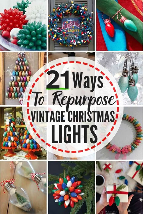 21 BRIGHT IDEAS To Repurpose Vintage Christmas Lights! Here are awesome ideas for ways to reuse old-fashioned Christmas lights for fun (and safe) new Christmas decor and Christmas crafts! #christmascrafts #christmasdecor #repurpose #reuse #upcycle #vintagechristmaslights #oldfashionedchristmaslights #ideasforoldfashionedchristmaslights #ideasforvintagechristmaslights #waystorepurposecintagechristmaslights #waystoreusevintagechristmaslights #waystoreuseoldfashionedchristmaslights #lightbulbcrafts Old Fashioned Christmas Lights, Christmas Tree Light Bulbs, Safe Ideas, Christmas Tree Bulbs, Light Bulb Crafts, Christmas Lights Outside, Vintage Christmas Lights, C9 Christmas Lights, Diy Christmas Lights