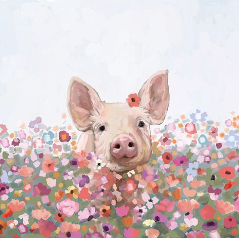 Farm Animal Paintings, Pig Wall Art, Bright Pink Flowers, Pig Painting, Pig Pictures, Pig Drawing, Pig Farm, Pig Wallpaper, Farm Paintings