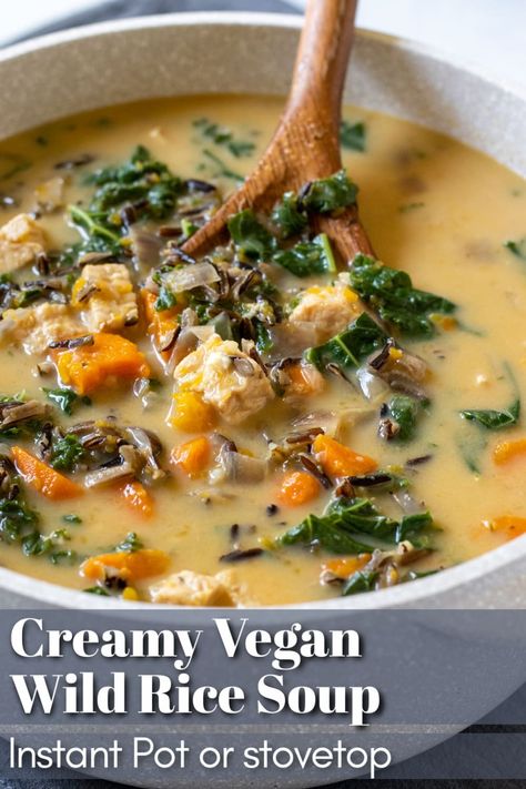 This cozy and nutritious wild rice soup is loaded with veggies like kale and butternut squash and is a breeze to make in the Instant Pot or on the stovetop. Creamy yet light and 100% vegan! #vegansoup Vegan Soups And Stews Slow Cooker, Vegan Instant Pot Soup, Vegan Rice Soup, Wild Rice Soup Vegetarian, Vegan Wild Rice Soup, Vegan Wild Rice, Soup Sunday, Easy Vegan Soup, Vegan Butternut Squash Soup