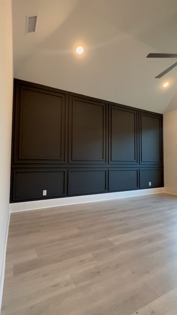 Aesthetic Black Room Ideas, Basement Dark Accent Wall, Textured Accent Wall Nursery, Black Panel Accent Wall Bedroom, Home Accent Wall Ideas, Statement Wall Piece, Primary Suite Accent Wall, Moody Office Accent Wall, Bedroom Accent Wall Paneling