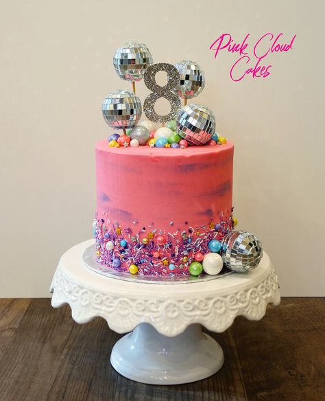 disco cake, glow in the dark party, disco ball cake Festa Rock Roll, Roller Skate Cake, Roller Skate Birthday Party, Pop Star Party, Skate Birthday Party, Disco Cake, Roller Skate Birthday, 8th Birthday Cake, Dance Party Birthday