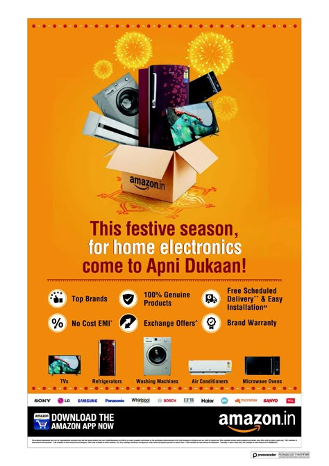 amazon-in-this-festive-season-for-home-electronics-come-to-apni-dukaan-ad-hindustan-times-delhi. Check out Amazon Advertisement Collection at https://www.advertgallery.com/product-category/advertisements-by-brand/amazon-newspaper-advertisements Product Sale Poster Design, Electronic Products Poster, Electronic Ads Design, Home Appliances Creative Ads, Electronic Appliances Creative Ads, Diwali Sale Poster, Home Appliances Advertising, Sales Promotion Design, Electronics Product Poster Design