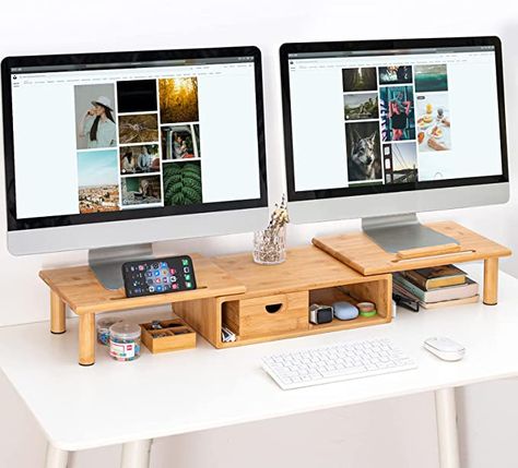 Amazon.com: Bamboo Dual Monitor Stand Riser with Storage Drawer - ROCDEER Laptop Desk Shelf with Adjustable Length and Angle, Monitor Riser Stand for 2 or 3 Monitors Computer TV -Natural : Electronics Multiple Monitor Setup, Dual Monitor Stand, Desktop Bookshelf, Screen Laptop, Desk Laptop, Girl Desk, Wood Display Stand, Multipurpose Table, Bookshelf Organization