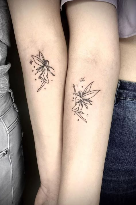 Cute Matching Tattoo Ideas For Best Friends, Earthy Best Friend Tattoos, Tattoo Idea Sisters, Good Matching Tattoos, Celestial Best Friend Tattoos, Duo Matching Tattoos, Best Friend Tattoos Mushroom, Matching Fairy Tattoos For Best Friends, Best Friend Fairy Tattoos