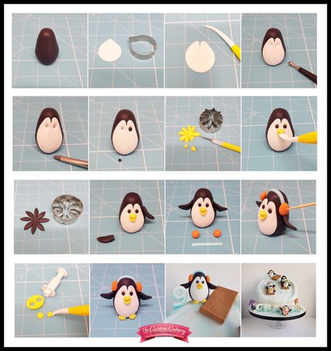 Fondant Penguin Tutorial By The Custom Cakery www.facebook.com/doncastercustomcakery Fondant Penguin How To Make, Penguin Fondant Tutorial, Easy Cake Decorating Christmas, Christmas Fondant Toppers, Penguin Cake Ideas, Penguin Fondant, Fondant Penguin, Ice Skating Cake, Chocolate And Strawberry Cake