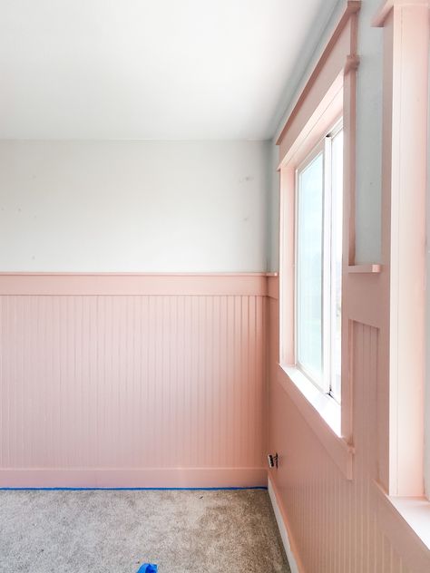 Currently in progress! Pink Bead Board, Beadboard Nursery, Beadboard Bedroom, Girls Nursery Pink, Beadboard Wall, How To Start Painting, Pink Accent Walls, Nursery Makeover, Bead Board Walls