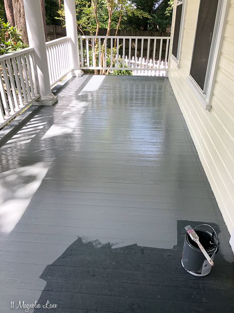 Best Porch Floor Paint Colors, Gray Porch Floor Paint, Grey Porch Floor, Screened Porch Paint Colors, Front Porch Ceiling Ideas Paint Colors, Wood Porch Paint Ideas, Painted Front Porch Wood, Front Porch Floor Colors, Porch Floor Colors