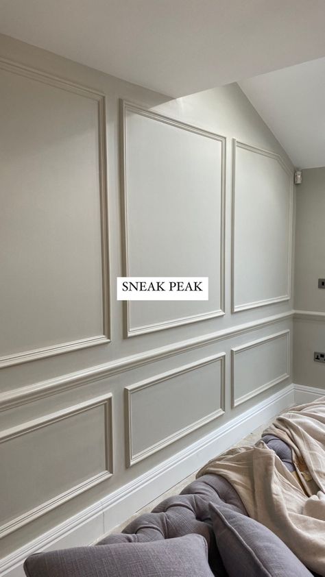 Panelled walls painted in Egyptian Cotton by Dulux Wallpaper Inside Paneling, Panelled Nursery, Basement Paneling, Lounge Room Styling, Living Room Panelling, Feature Wall Living Room, Small Living Room Ideas, Cosy Living Room, House Interior Design