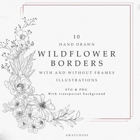 Welcome to our Wildflower Border designs, a striking collection of botanical clipart and floral line art. This elegantly crafted fleurs svg gift is a delightful addition to anyone who appreciates a hint of nature in their creative pursuits. These are perfect for both seasoned crafters and beginners' projects alike.  Our charm lies in the detailing of 10 hand drawn flowers, artfully nestled within distinct frames. Each piece displays a tasteful synergy of soft florals and lush foliage, embodying Floral Border Design Drawing, Wildflower Border, Wedding Clip Art, Flower Graphics, Wedding Invitation Trends, Floral Line Art, Floral Borders, Drawn Flowers, Wedding Clip