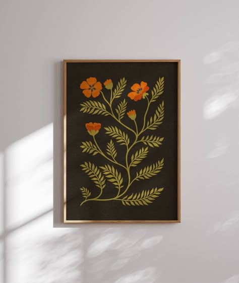 Lovely vintage aesthetic botanical print in moody colors. This art print is perfect for enhancing up any space, be it your living room, bedroom, office, or anywhere else. It also makes a thoughtful and unique gift for your friend for a special event like Christmas, birthday, or housewarming.  FREE worldwide shipping! MORE RETRO FLORAL PRINTS: https://www.etsy.com/shop/SomaPrintsArt?section_id=42881693 PRODUCT DETAILS: ♡ Printed on thick, durable and long-lasting museum-quality poster paper ♡ Smo Flower Boho Art, Decorating Around Tv, Floral Print Aesthetic, Minimalist Flower Painting, Moody Vintage Bedroom, Vintage Aesthetic Bedroom, Botanical Cottagecore, Retro 70s Aesthetic, Moody Floral Art