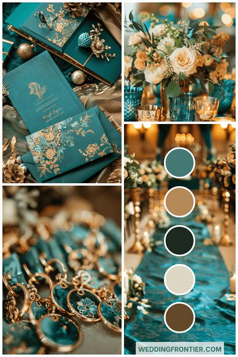 Emerald Green Color Combinations Wedding, Turquoise And Champagne Wedding Ideas, Wedding Colors With Turquoise, Teal Color Wedding Theme, Country Teal Wedding, Peacock Color Scheme Wedding, Hindu Wedding Color Schemes, Color Combination With Gold, Royal Color Combinations